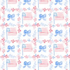 an american flag pattern with flowers and bows on the front, in red white and blue colors