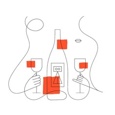 a line drawing of two wine glasses and a bottle with the same image on it