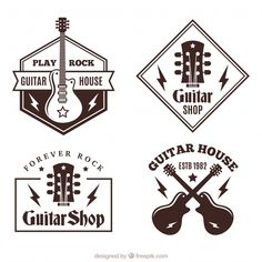 four guitars logos with different styles and designs on them, including the logo for guitar shop