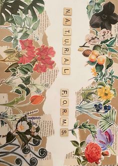 a collage of flowers and words written in small letters on top of an old book page