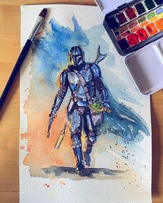 a watercolor painting of a man in armor