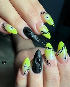 Embrace the exotic with this unique nail design combining vibrant parrot colors with a touch of black sophistication. Stand out with this bold and chic manicure that brings nature's beauty to your fingertips!  #ParrotNails #BlackNailDesign #ExoticManicure #UniqueNails #NailArtInspiration Fall Halloween Nails, Whimsical Nails, Halloween Nails Ideas, Nails October, Cosmic Nails, Nails Board, Length Nails, Ideas Uñas, Nails Elegant