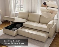 a living room with a sectional sofa and storage space