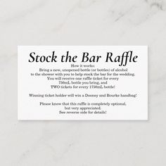 a business card with the words stock the bar raffle on it's back