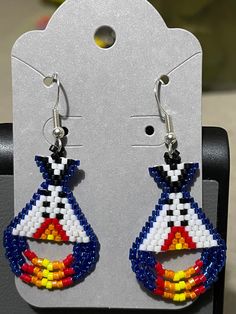 Beaded tipi earrings made with delica beads Beaded Tipi Earrings, Teepee Seed Bead Earrings, Native American Tipi, Cherokee Beaded Earrings, Inuit Beaded Earrings, Neon Beaded Earrings Native American, Navajo Earrings, Beaded Earrings Native, Native Style