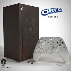 an image of a video game controller next to a box with the word oreo on it