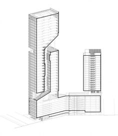 a black and white drawing of a tall building