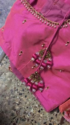 Aari Work Latkan Tassels Blouses, Work Blouse Designs, Boat Neck Blouse Design, Latest Model Blouse Designs, Cutwork Blouse Designs, Wedding Blouse Designs