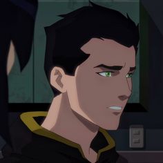 an animated image of a man with black hair and green eyes looking at the camera