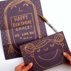 two handmade greeting cards with the words happy birthday grace and we love you