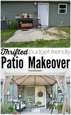 an outdoor patio makeover with text overlay that reads, thrifted budget friendly patio makeover