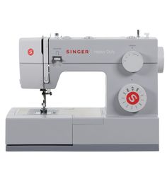 the singer sewing machine is white and has red buttons on it's front end