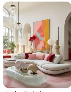 a living room filled with lots of white furniture and pink carpeted flooring next to large windows