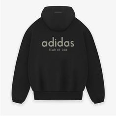 Fear Of God Adidas Hoodie Medium New Nwt, Perfect Condition Never Worn Fall Logo Sweatshirt In Athleisure Style, Sporty Outerwear With Logo For Fall, Sporty Fall Outerwear With Logo, Black Logo Hoodie With Crew Neck, Black Crew Neck Hoodie With Logo, Winter Black Outerwear With Logo Print, Black Logo Hoodie Sweatshirt, Black Logo Print Sweatshirt For Fall, Black Hooded Jacket With Letter Print