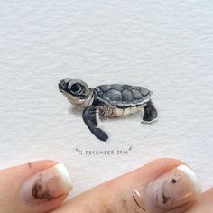 a drawing of a small turtle on someone's finger with nail polish and nails