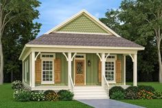 the small house is painted green and has shutters on the front door, and two windows