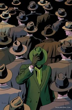 a man in a green suit and hat is surrounded by other men