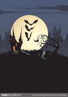 a full moon with bats flying in the night sky over a castle and graveyard on a hill