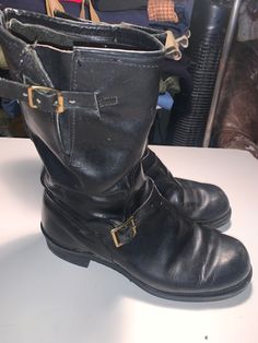 used  Over seas by express mail only. to some places it take about 7-15 days Shipping cost for over seas:75 Measurement Shoulder to shoulder ; -" inches Shoulder to end of cuff ; -" inches Pit to pit ; -" inches Back collar to hem ; -" inches Vintage Black Moto Boots For Outdoor, Vintage Leather Moto Boots For Biker Events, Engineer Boots Men, Leather Pants Style, Vintage Levis Jacket, Engineer Boots, Levis Jacket, Motorcycle Leather, Mens Shoes Boots