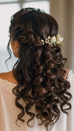 a woman with long hair and flowers in her hair is looking at the window while wearing a white dress