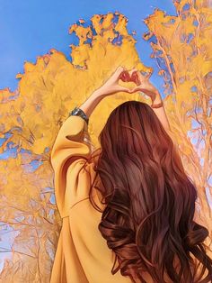 a painting of a woman holding her hands up to her head in front of yellow leaves