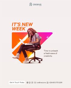 a woman sitting in an office chair with a laptop on her lap and the caption it's new week time to unleash a fresh wave of creativity