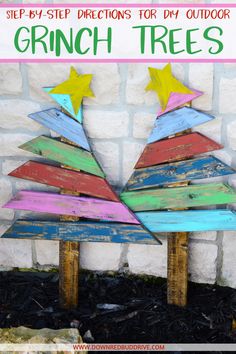 colorful wooden christmas trees with text overlay that says step by step directions for diy outdoor