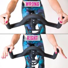 a woman is riding on a stationary exercise bike with the words wrong and right written on it