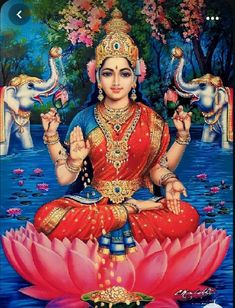 the goddess sitting on top of a lotus flower in front of an image of elephants