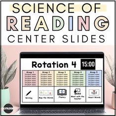 a laptop computer sitting on top of a desk with the words, science of reading center slides