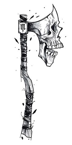 a drawing of a skull holding a hammer