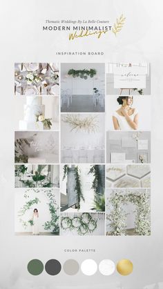 the modern minimalist wedding website is displayed in white and green tones, with gold accents