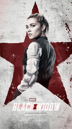 the poster for black widow is shown in front of a white background with a red star