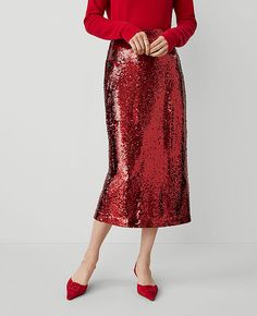 Sparkle through the season in this column midi pencil skirt, illuminated with light-catching sequins. Hidden back zipper with hook-and-eye closure. Back vent. Lined.,Hit:Hits at mid-calf,Imported:Imported,Length:32" long,Fabrication:Shell: Base Fabric: 94% Polyester, 6% Spandex; Lining : 100% Polyester,Garment Care:Machine Washable Sequin Column Midi Pencil Skirt by Ann Taylor Size regular - 8 Gingham Red Women's Straight, Skirts, Shell Base, Fabric 94%, Polyester, 6%, Spandex Lining,  100%, Pol Holiday Skirt Outfits, Ann Taylor Petite, Holiday Skirts, Midi Pencil Skirt, Christmas Outfits, Midi Skirt Pencil, Skirt Outfits, Christmas Outfit, Mid Calf