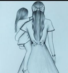 a drawing of two girls with long hair and bows on their heads, facing each other