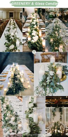 a collage of photos with candles and greenery on the table for a wedding reception