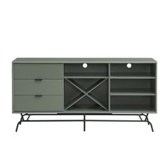 the sideboard with two drawers and an open door is shown in grey, on a white background