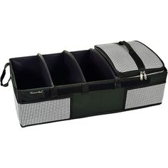 three bins with mesh sides and handles on each side, one in black and white