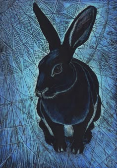 a drawing of a black rabbit sitting on top of a blue ground with leaves in the background