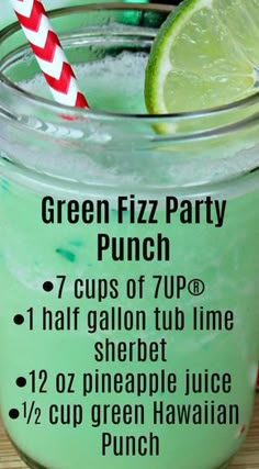 green fizz party punch recipe in a mason jar