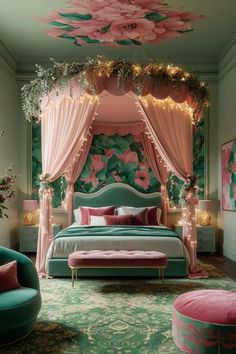 a bedroom decorated in pink, green and gold