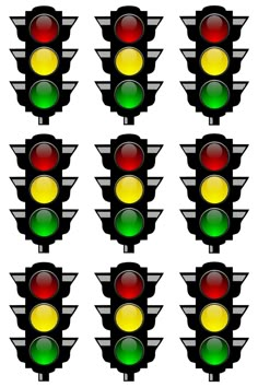 a set of nine traffic lights with different colors on each one light is red, green, yellow and white