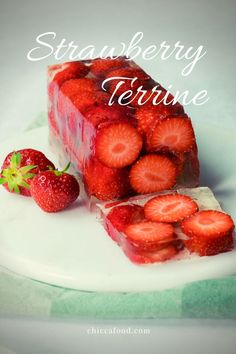 there is a piece of cake with strawberries on it and the words strawberry jello