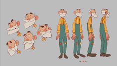 some cartoon characters with different facial expressions on their faces and body, all in overalls