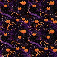 an abstract halloween background with pumpkins and swirls on purple, orange and black