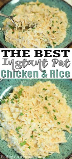 the best instant pot chicken and rice casserole is shown in two separate images