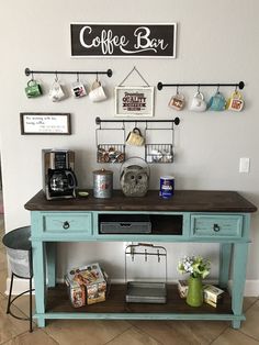 a coffee bar with various items on it