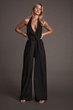 Astoria Black Plunge Halter Tailored Jumpsuit Built In Styling, Rachel Outfits, Wedding Guest Jumpsuit, Black Silk Jumpsuit, Jumpsuit Formal, Fancy Jumpsuit, Jumpsuit For Wedding Guest, Fall Wardrobe Staples, Concert Dresses