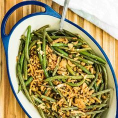 green beans and rice in a white bowl