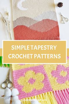 Simple tapestry crochet patterns with a nature and floral design, scissors, and cotton sprigs arranged around. Tapestry Stitch Crochet, Tapestry Crochet Beginner Free Pattern, How To Tapestry Crochet Tutorials, Cute Small Crochet Patterns, Crochet Wall Tapestry Pattern Free, Tapestry Crochet Graphs, Beginner Tapestry Crochet, Simple Crochet Tapestry, How To Crochet Tapestry